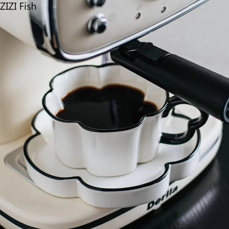 Decorbites™ Black Edged Flower Mug Set - Keramik-Tasse & Untertasse für Tee, Kaffee und Saft