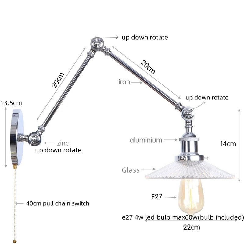 Decorbites™ Industrielles Loft Schwenkarm-LED-Wandleuchte Glas Vintage Spiegel-Lampe