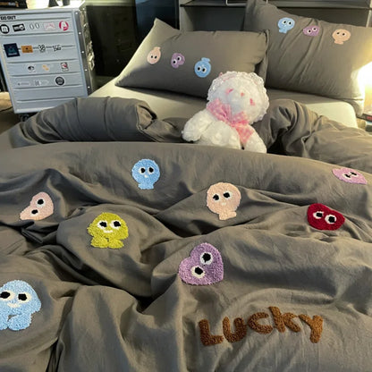 DecorBites™ Cotton Cartoon Towel Embroidery Bedding Set: Quilt Cover, Bed Sheet, Pillowcases