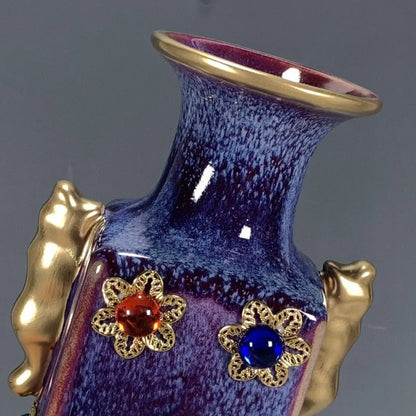 Decorbites™ Jun-Porzellan-Vase mit vergoldeten Einlagen aus Edelsteinen - Chinesische Wohnzimmer-Dekoration