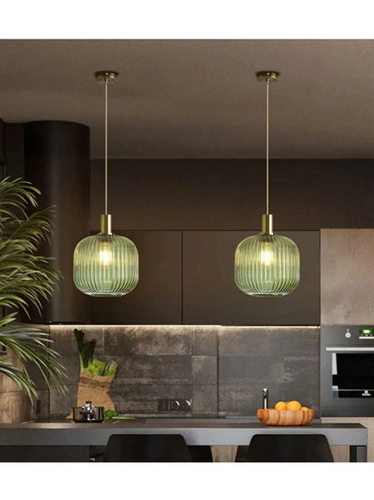 Nordic Ribbed Glass Pendant Light in Green, Grey or Amber