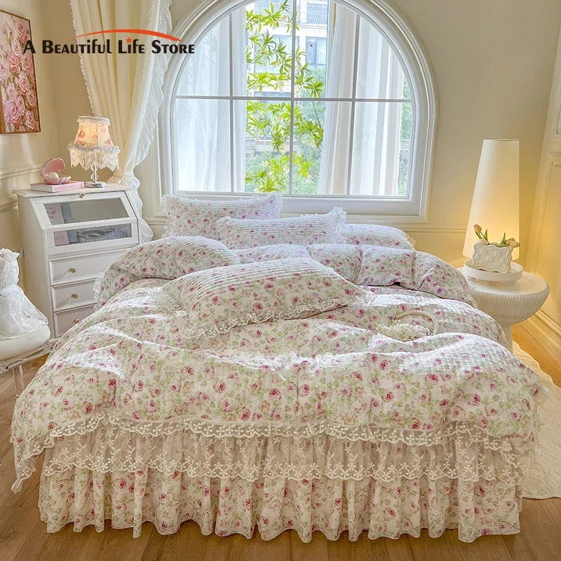 Decorbites™ Französische Spitzen-Volants-Seersucker-Bettset: 4-Tlg. Prinzessinnen-Bettwäsche Quiltbezug