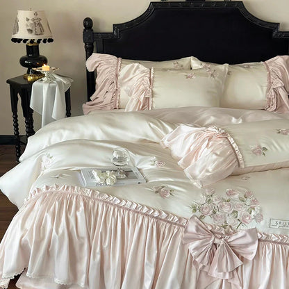 DecorBites™ French Bow Ruffle Flower Embroidery Bedding Set - Luxury Lyocell Cotton