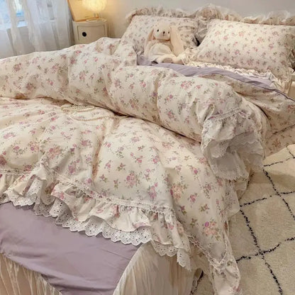Decorbites™ Koreanische Prinzessin-Stil Blumen-Spitzen-Volants-Bettwäsche-Set mit Kissenbezug