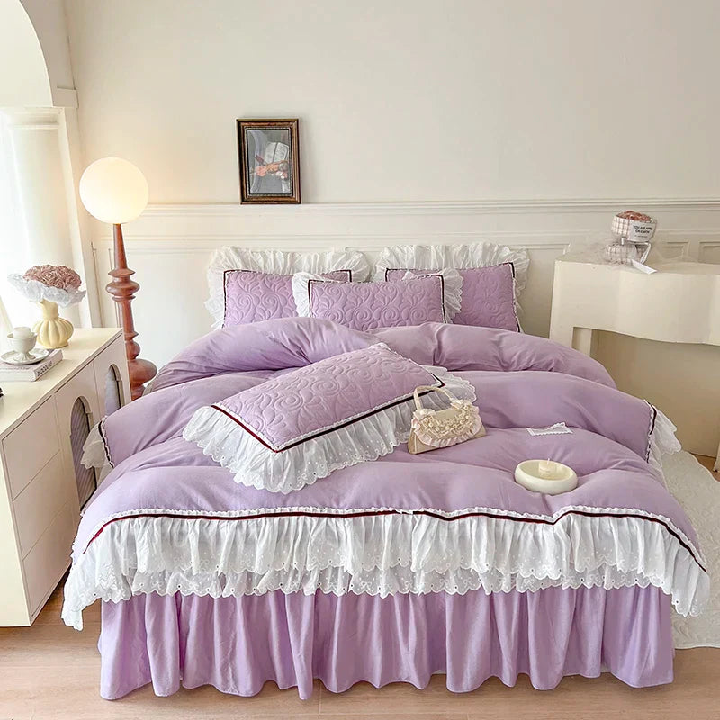 Decorbites™ Spitzen-Volants-Bettwäsche-Set: 4-teilig, einfarbiges Prinzessinnen-Bettüberzug, Bettrock, 100% Baumwoll-Kissenbezug