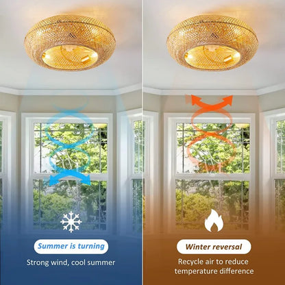 DecorBites™ Bamboo Ceiling Fan with Rattan Cage Light & Remote Control