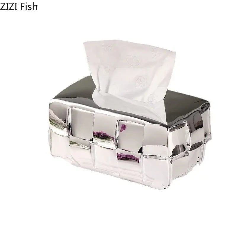 DecorBites™ Geometric Grain Silver Check Tissue Box Holder & Desktop Organizer