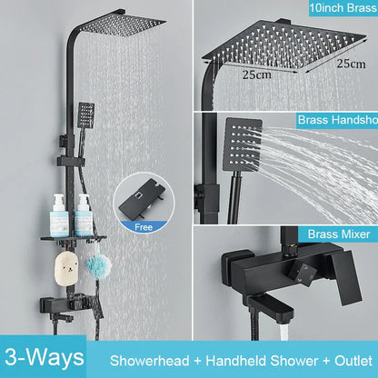 Decorbites™ Schwarzes Messing-Duscharmatur-Set Regendusche Badewannenarmatur mit Badezimmerregal