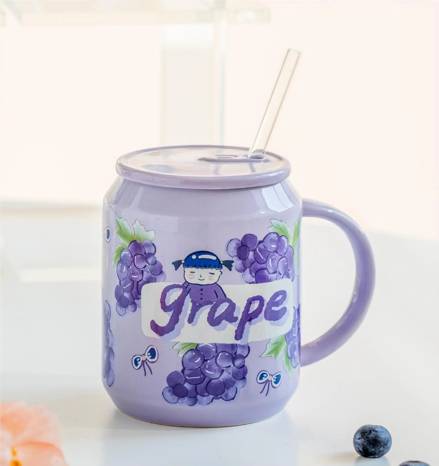 Decorbites™ Fruchtform Keramikbecher mit Deckel und Trinkhalm, niedliches koreanisches Design