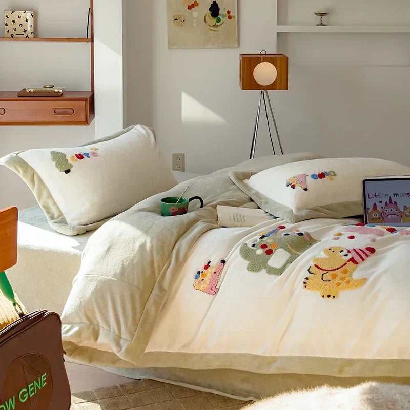 DecorBites™ Embroidered Milk Fleece Winter Bedding Set for Warmth & Cozy Comfort