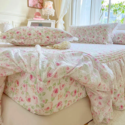 Decorbites™ Französische Spitzen-Volants-Seersucker-Bettset: 4-Tlg. Prinzessinnen-Bettwäsche Quiltbezug
