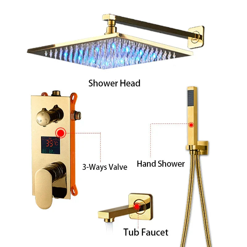 Gold Rainfall Shower Faucet With Digital Display