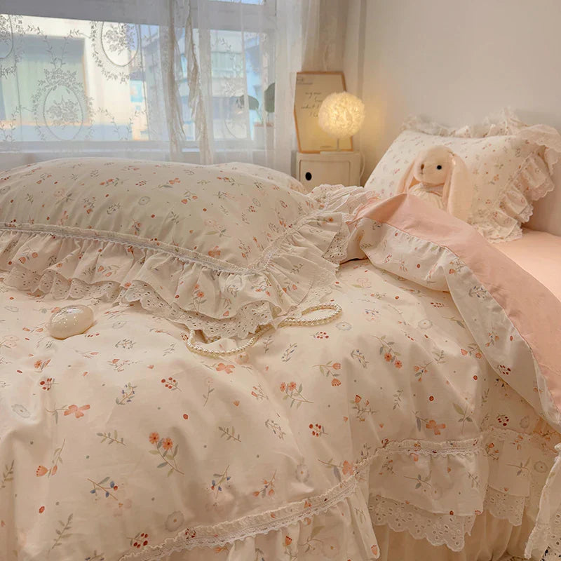Decorbites™ Koreanische Prinzessin-Stil Blumen-Spitzen-Volants-Bettwäsche-Set mit Kissenbezug