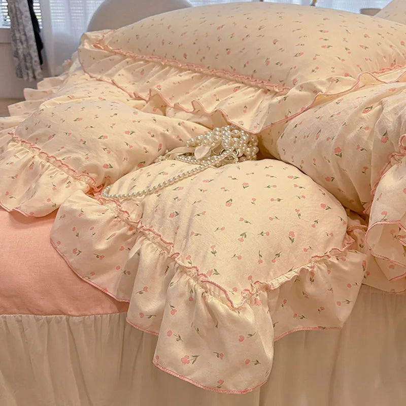 Decorbites™ Koreanische Prinzessin Blumenmuster-Bettwäsche-Set aus gewaschener Baumwolle für Mädchen