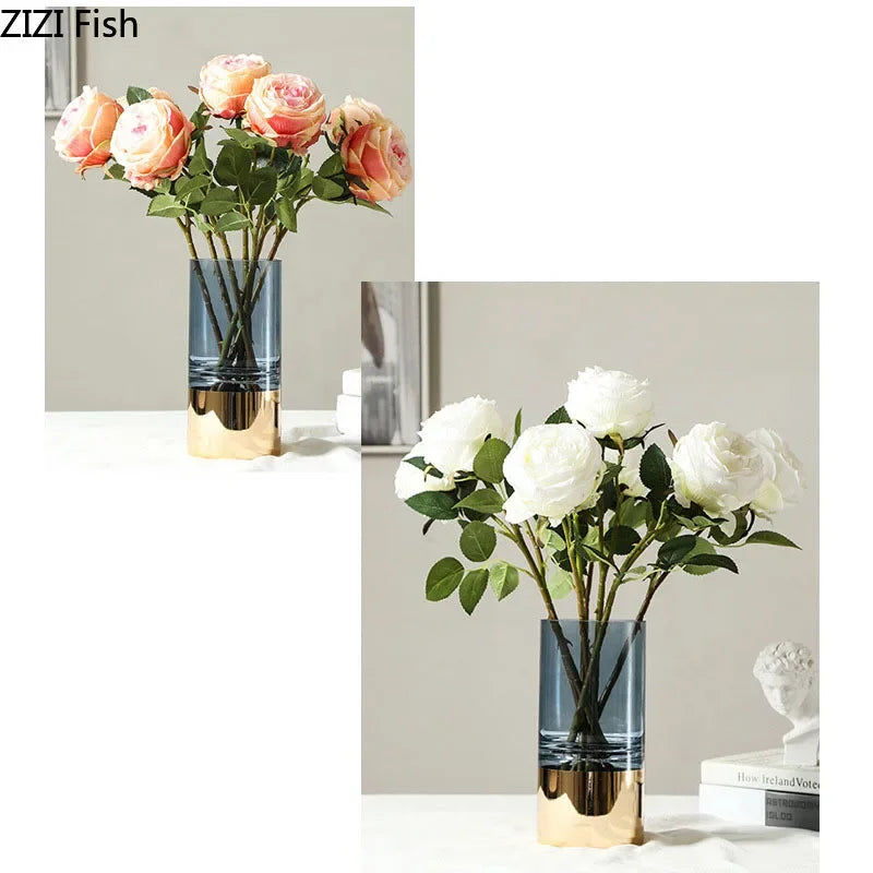 Decorbites™ Goldenes Glasvasen Klarer Schreibtisch-Dekor Hydroponische Blumenarrangement Knospen Blumentopf