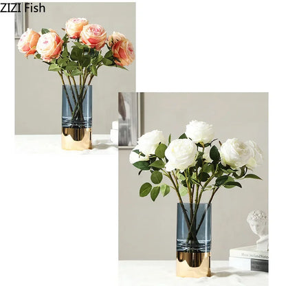 Decorbites™ Goldenes Glasvasen Klarer Schreibtisch-Dekor Hydroponische Blumenarrangement Knospen Blumentopf