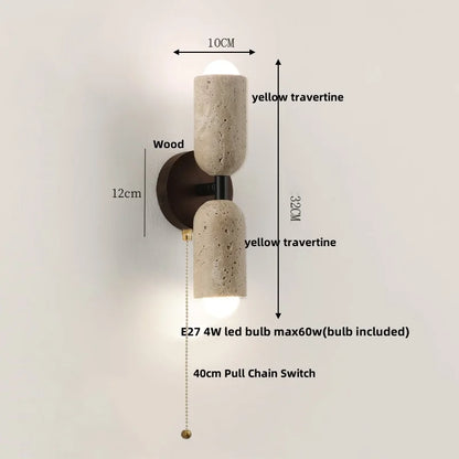 DecorBites™ LED Wall Light Fixture Travertine Stone Wood Canopy Bedside Lamp
