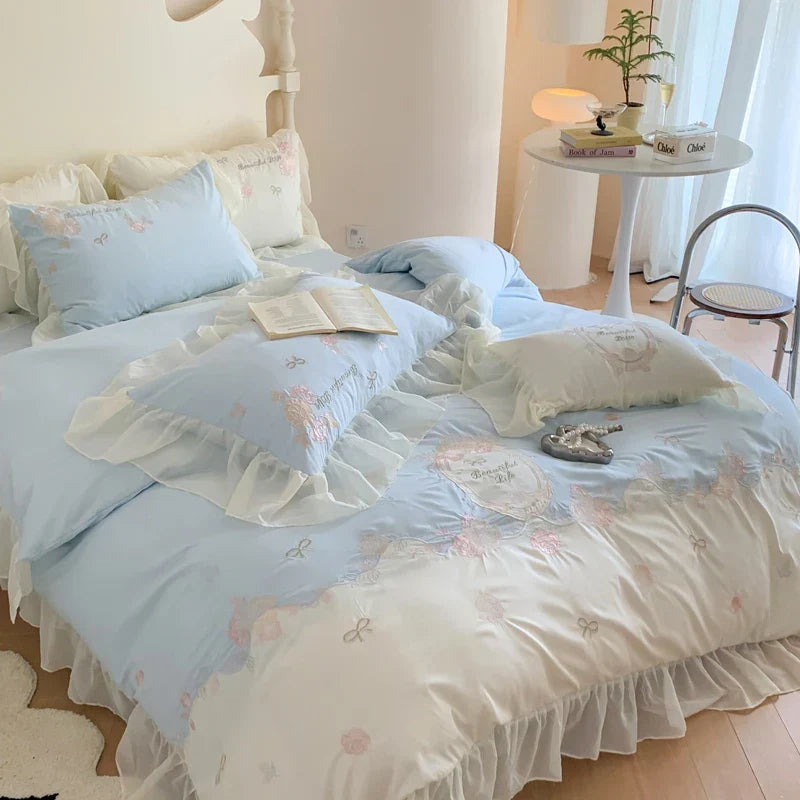 DecorBites™ 4Pcs Flowers Embroidery Princess Queen Bedding Set with Lace Ruffles