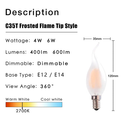 DecorBites™ LED Flame Bulb E12 E14 C35 Retro Candle Filament 4W 6W Dimmable Warm White