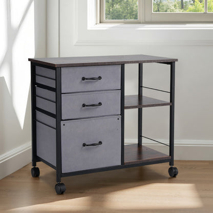 Mobiler Metall-Aktenschrank mit 3 Stoffschubladen und 2 offenen Regalen Braun