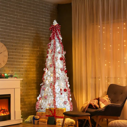 7 FT Vollständig Dekorierter Vorbeleuchteter Weihnachtsbaum, Pop-Up Künstlicher Xmas-Baum mit 170 Warmen Lichtern und Roten Kugeln für Zuhause, Büro, Laden und Feiertagsdekoration, Weiß