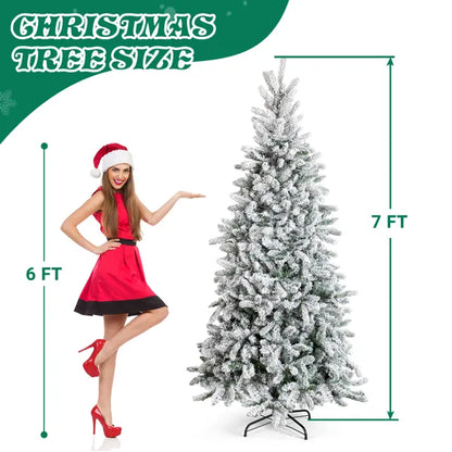 7 FT Schneebeflockte Vorbeleuchtete Künstliche Bleistift-Weihnachtstanne, Gelenkige Weihnachtstanne mit 1100 Astspitzen und 400 Lichtern für Feierbüro Zuhause, Schneebedeckt Grün