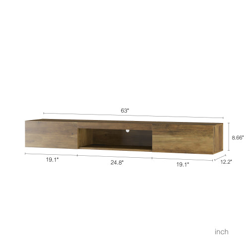 Schwebender TV-Ständer, Wandmontierter TV-Regal mit LED-Lichtern & Stromsteckdose, Wandmontierter Schwebender TV-Ständer mit 16-farbigem LED-Licht-braun