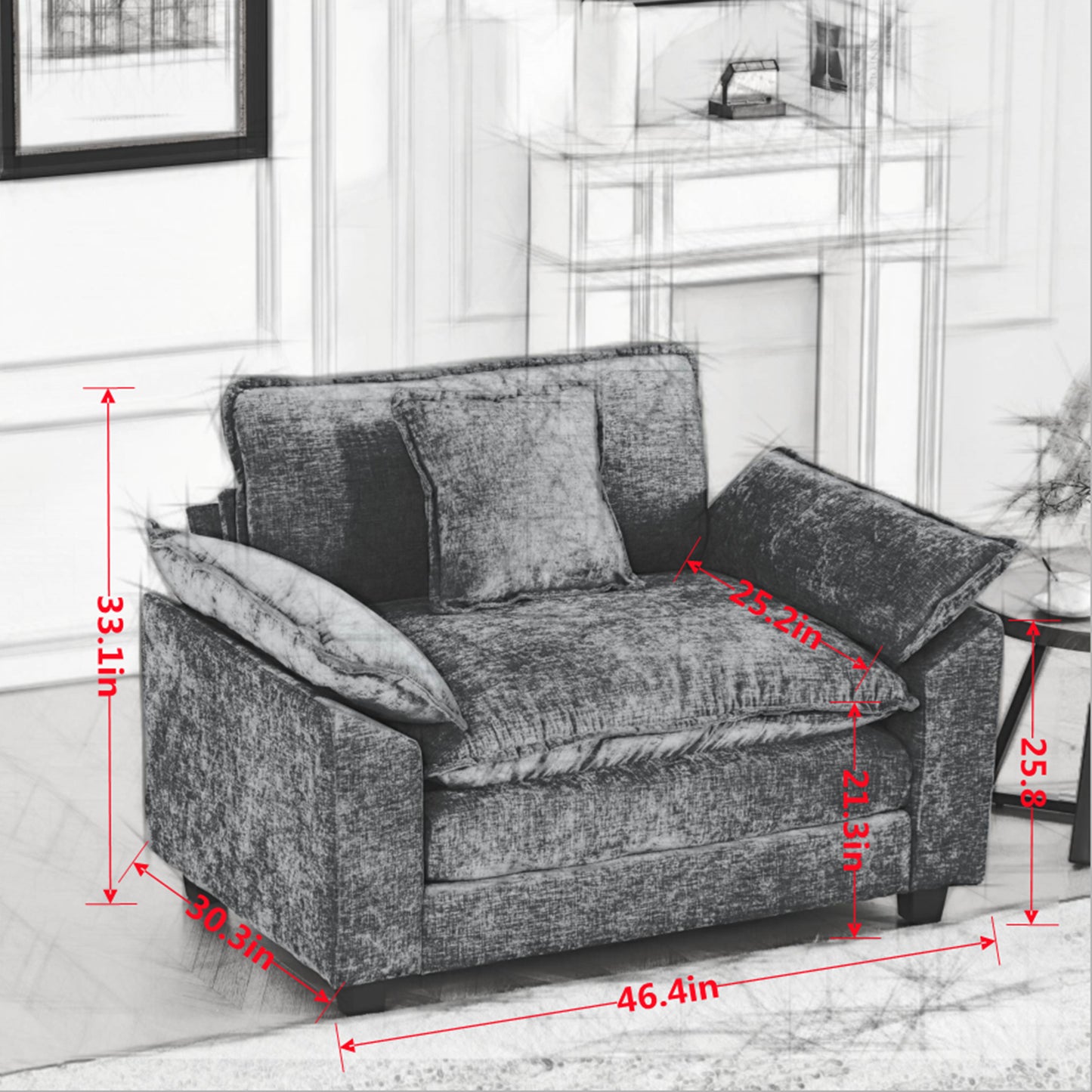 Cloud-Sofa Einzelplatz Ottoman nicht enthalten, modernes Ecksofa, für Wohnzimmer, Schlafzimmer und Wohnung, bequeme zweischichtige gepolsterte Sitzkissen, atmungsaktiver Chenille-Stoff, Blau, SW5041BL