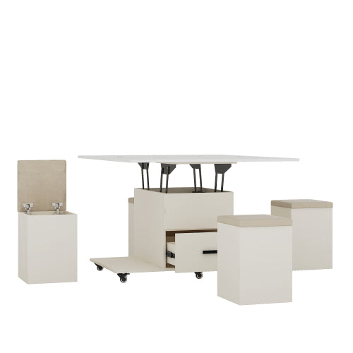 Moderner Klappbarer Couchtisch mit 4 Hocker-Set für das Wohnzimmer, ausziehbar, 1 versteckte Aufbewahrung, 2 Schubladen, platzsparender faltbarer Esstisch