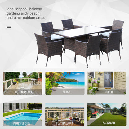 Outsunny 6-Sitzer-Rattan-Esszimmergarnitur mit Polstern, Rattan-Gartenmöbel-Set mit 6 Armstühlen, rechteckiger Tisch mit Glasplatte, Außenesszimmer-Tisch und -Stühle, Braun