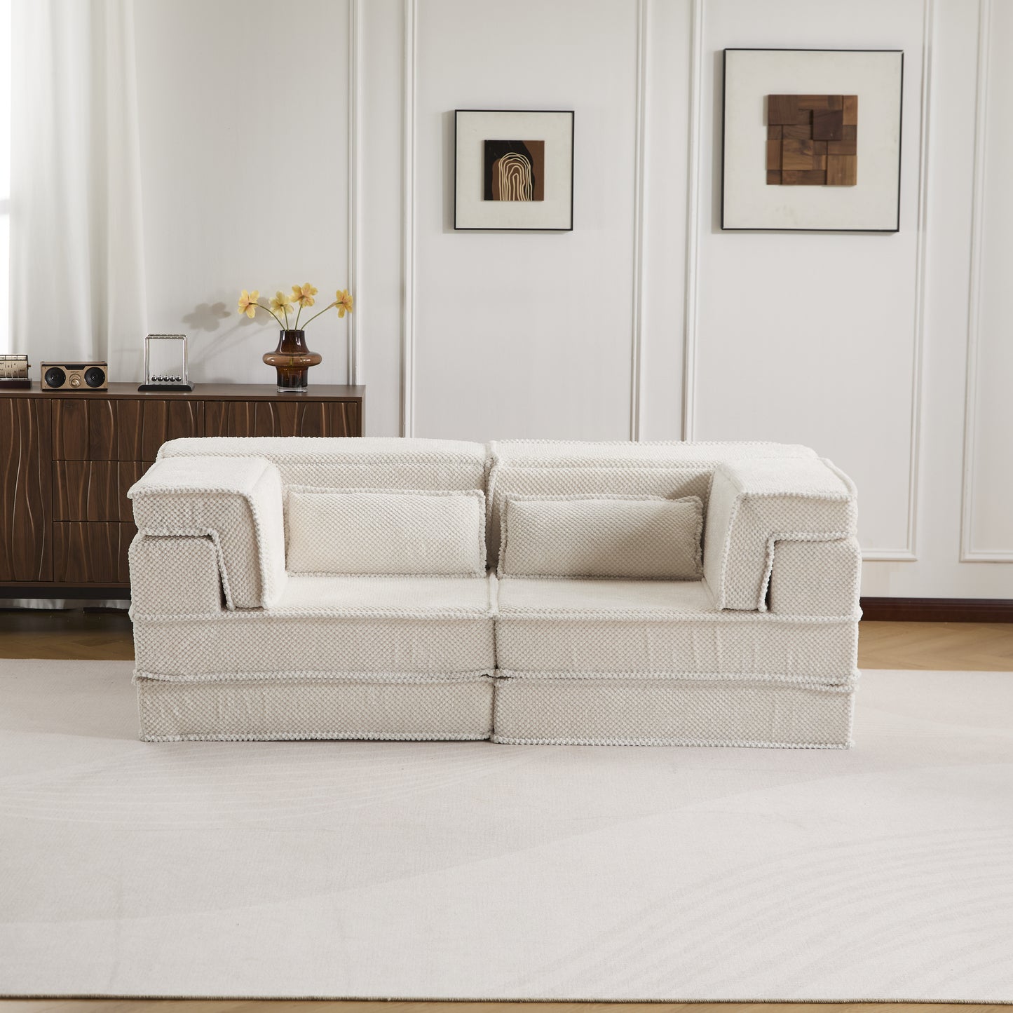 Kompressions-Mahjong-Sofa, umklappbares Boden-Sofabett, DIY knochenloses modulares Sektionssofa, keine Montage erforderlich, runder Fleece-Stoff, modernes überdimensioniertes Zweiersofa, Weiß