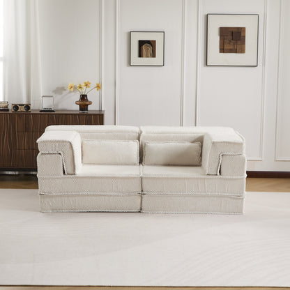 Kompressions-Mahjong-Sofa, umklappbares Boden-Sofabett, DIY knochenloses modulares Sektionssofa, keine Montage erforderlich, runder Fleece-Stoff, modernes überdimensioniertes Zweiersofa, Weiß