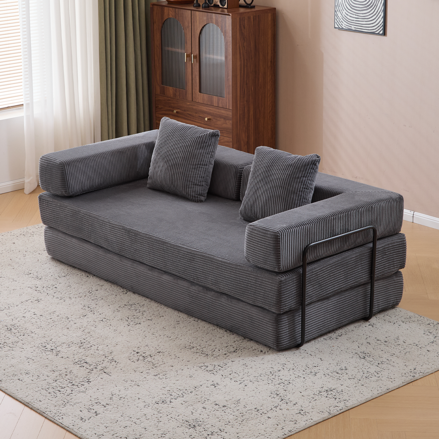 Boden-Couch, Kompressions-Sofa, Umwandelbares Boden-Sofa-Bett – mit Kissen-Rückenlehne und Armlehne, Bequeme Futon-Couch-Liege-Schlafsofa, Kordstoff, für Wohnzimmer und Schlafzimmer, Dunkelgrau