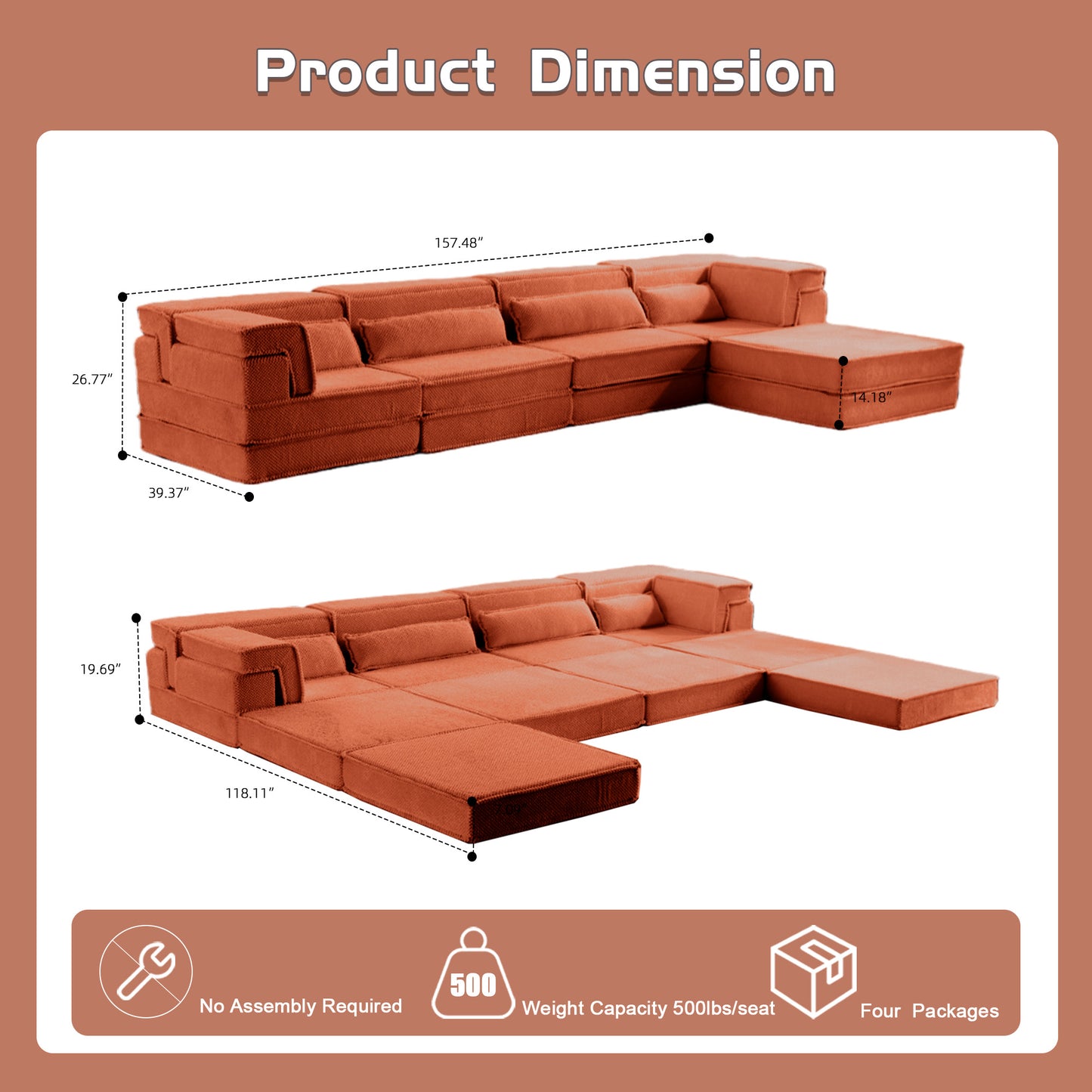 Kompressions-Mahjong-Sofa, umklappbares Boden-Sofabett, DIY knochenloses modulares Sektionssofa, keine Montage erforderlich, Kreis-Fleece-Stoff, überdimensioniertes 4-Sitzer-Sofa mit 1 Hocker, Orange
