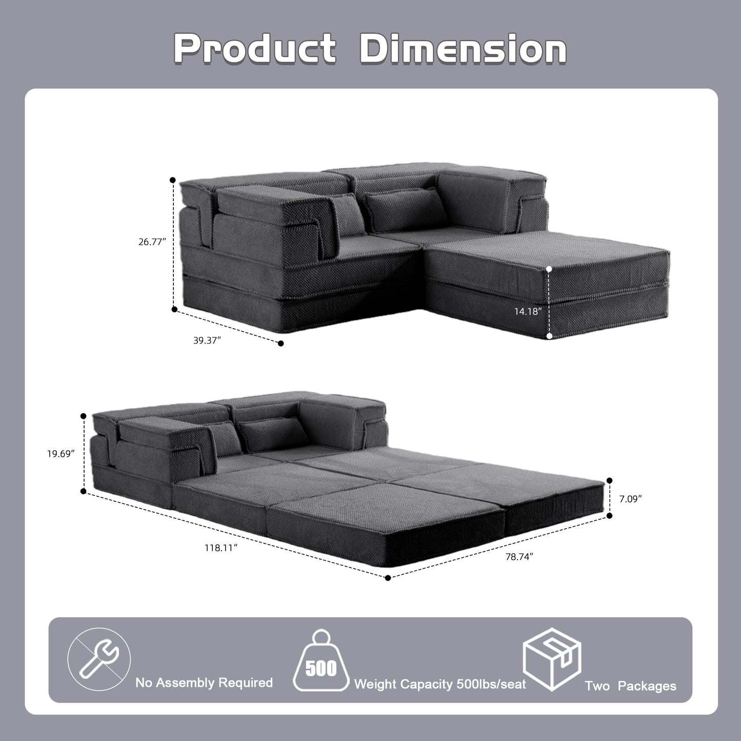 Kompressions-Mahjong-Sofa, Umwandelbares Boden-Sofabett, DIY Knochenloses Modulares Sektionalsofa, Keine Montage erforderlich, Kreisförmiger Fleece-Stoff, Überdimensioniertes 2-Sitzer-Sofa mit 1 Hocker, Dunkelgrau