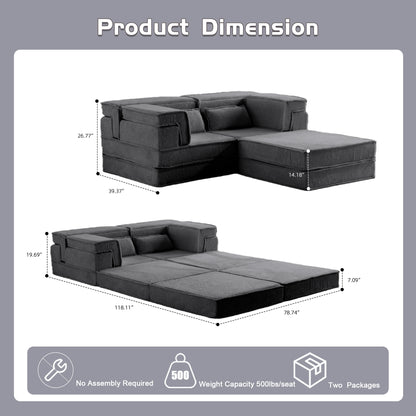 Kompressions-Mahjong-Sofa, Umwandelbares Boden-Sofabett, DIY Knochenloses Modulares Sektionalsofa, Keine Montage erforderlich, Kreisförmiger Fleece-Stoff, Überdimensioniertes 2-Sitzer-Sofa mit 1 Hocker, Dunkelgrau