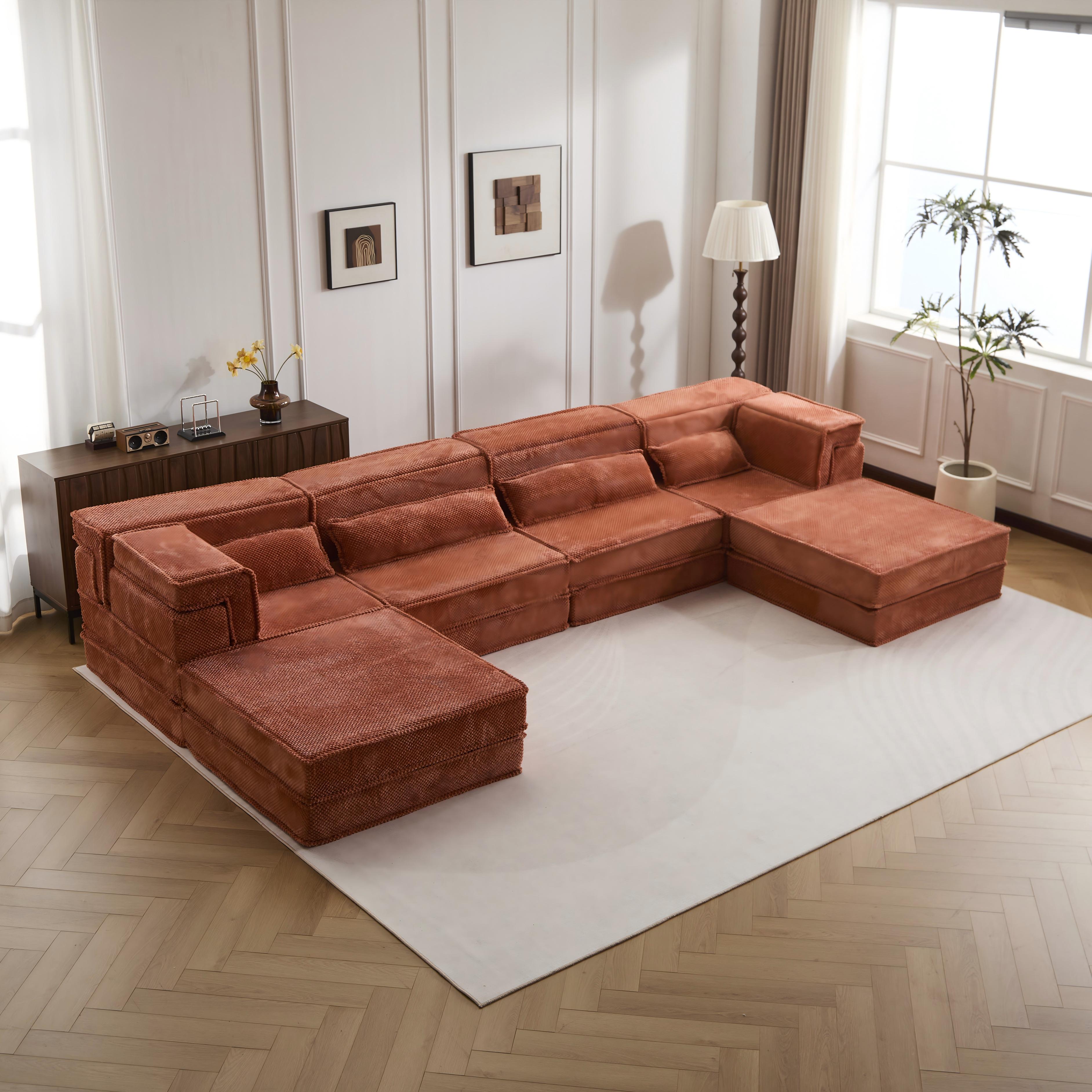 Kompressions-Mahjong-Sofa, Umwandelbares Boden-Sofabett, DIY Knochenloses Modulares Sektionalsofa, Keine Montage erforderlich, Kreisförmiger Fleece-Stoff, Überdimensioniertes 4-Sitzer-Sofa mit 2 Hocker, Orange