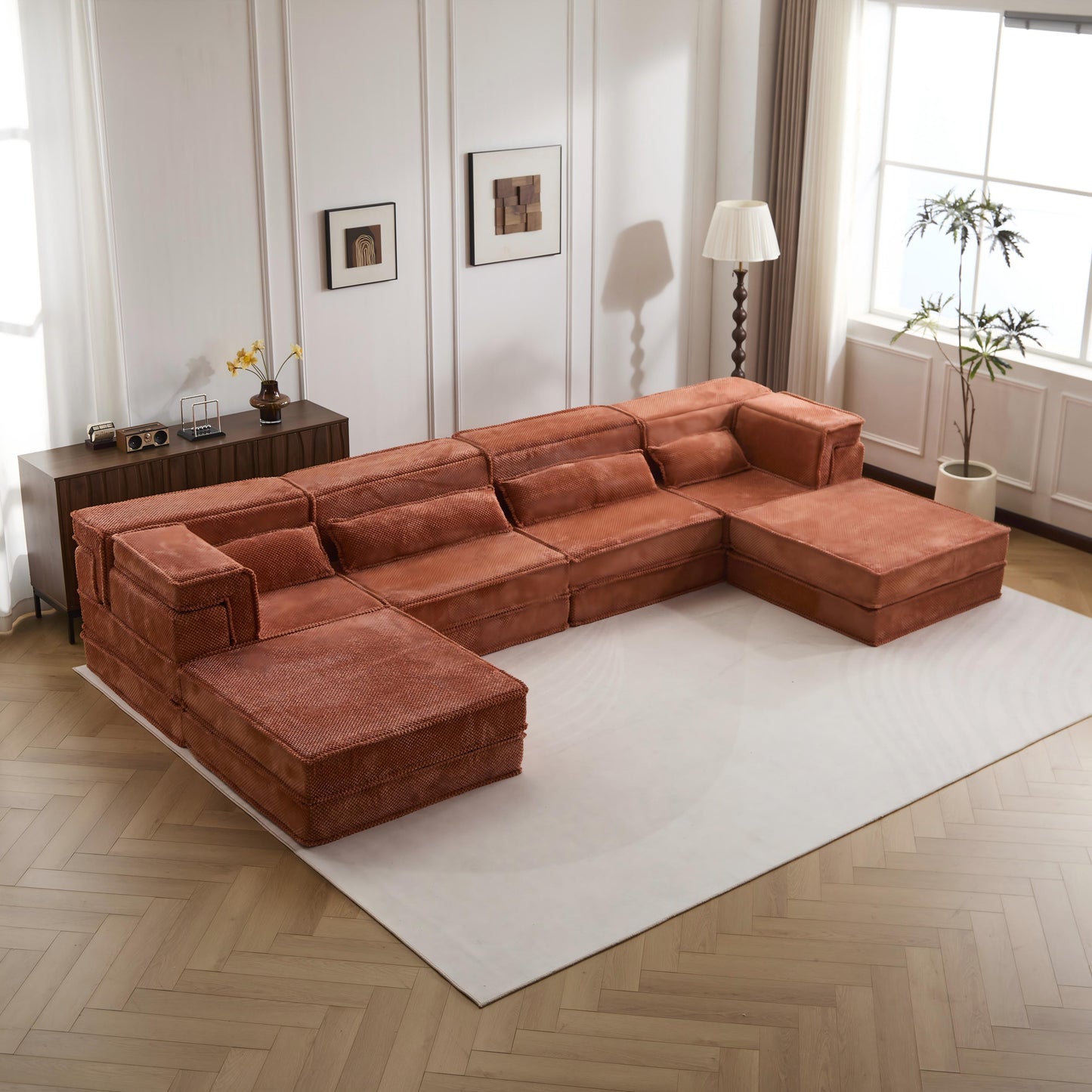Kompressions-Mahjong-Sofa, Umwandelbares Boden-Sofabett, DIY Knochenloses Modulares Sektionalsofa, Keine Montage erforderlich, Kreisförmiger Fleece-Stoff, Überdimensioniertes 4-Sitzer-Sofa mit 2 Hocker, Orange