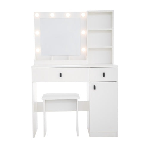 Toilettentisch mit Lichtern, Toilettentisch-Set mit Spiegel, Schminktisch mit großen Schubladen, Drei-Ebenen-Speicher-Kommode, Toilettentische mit 3 Lichtern, einstellbare Helligkeit für das Schlafzimmer, weiß