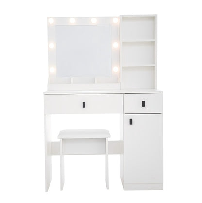 Toilettentisch mit Lichtern, Toilettentisch-Set mit Spiegel, Schminktisch mit großen Schubladen, Drei-Ebenen-Speicher-Kommode, Toilettentische mit 3 Lichtern, einstellbare Helligkeit für das Schlafzimmer, weiß