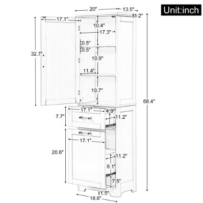 Hohes Badezimmerschrank, Freistehender Stauraumschrank mit Schubladen in zwei verschiedenen Größen und einstellbarem Regal, MDF-Platte mit lackierter Oberfläche, Grau