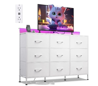 47-Zoll-Fernseherständer für Fernseher bis zu 55 Zoll, Unterhaltungszentrum mit RGB-LED-Lichtern und Ladestation, Medienkonsole mit 9 Stoffschubladen