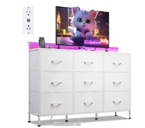 47-Zoll-Fernseherständer für Fernseher bis zu 55 Zoll, Unterhaltungszentrum mit RGB-LED-Lichtern und Ladestation, Medienkonsole mit 9 Stoffschubladen
