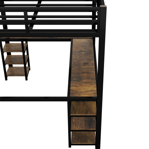 Vollständiges XL Metall-Hochbett mit Schreibtisch und Regalen, Hochbett mit Leiter und Geländern, Hochbett-Rahmen für das Schlafzimmer, Schwarz