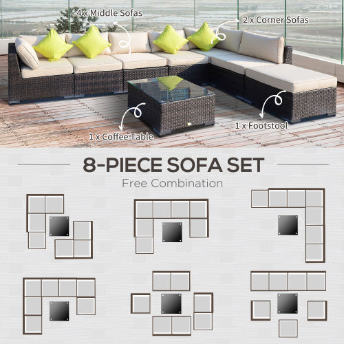 Outsunny 8-teiliges PE-Rattan-Ecksofa-Set mit dicken Polstern, Aluminium-Außentisch-Rattan-Gartenmöbel-Set mit Glasplattentisch, keine Montage erforderlich, gemischtes Braun
