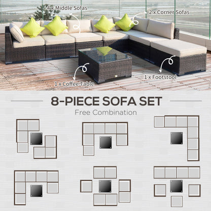 Outsunny 8-teiliges PE-Rattan-Ecksofa-Set mit dicken Polstern, Aluminium-Außentisch-Rattan-Gartenmöbel-Set mit Glasplattentisch, keine Montage erforderlich, gemischtes Braun