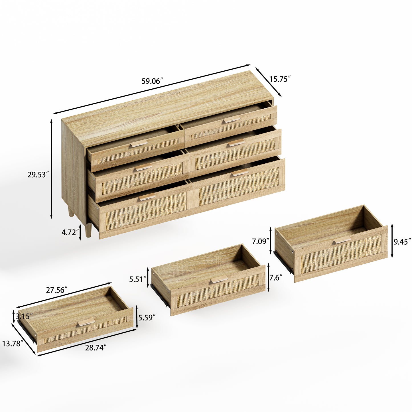 59 Rattan-Kommode mit Schubladen, 6-Schubladen-Kommode für das Schlafzimmer, Kleiderschrank für das Schlafzimmer, Metallgriff Holzbeine für Flur, Wohnzimmer, Schlafzimmer, natürlich