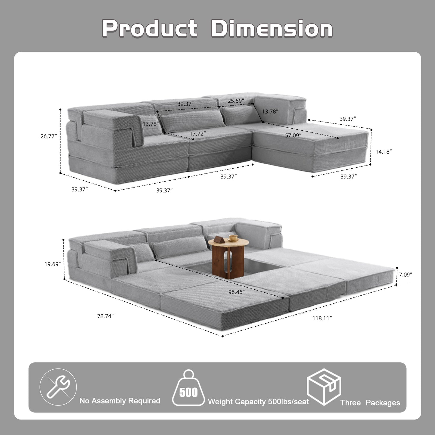 Kompressions-Mahjong-Sofa, umklappbares Boden-Sofabett, DIY knochenloses modulares Sektionssofa, keine Montage erforderlich, Kreis-Fleece-Stoff, überdimensioniertes 3-Sitzer-Sofa mit 1 Hocker, Hellgrau