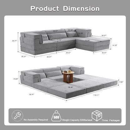 Kompressions-Mahjong-Sofa, umklappbares Boden-Sofabett, DIY knochenloses modulares Sektionssofa, keine Montage erforderlich, Kreis-Fleece-Stoff, überdimensioniertes 3-Sitzer-Sofa mit 1 Hocker, Hellgrau