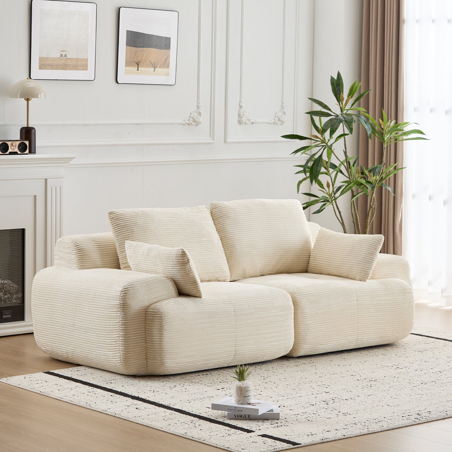 Moderne Kompressions-Matratzen-Sofa, 2-Sitzer großes Ecksofa für das Wohnzimmer, Haustierfreundliches Wolkenmodul-Sofa, Samtstoff, extra tiefe Zweier-Sitzbank, keine Montage erforderlich, Beige